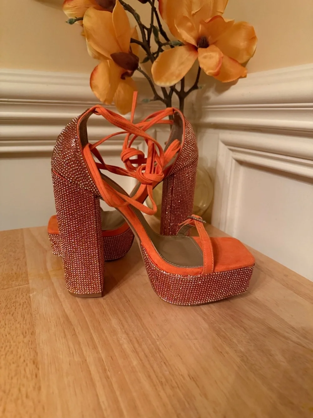 EGO Orange Rhinestone Platform Block Heels with Ankle Tie Uk 4 /‎ US 6